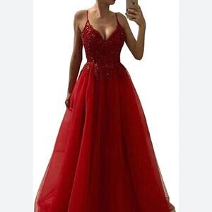 Red V Neck Spaghetti Straps Tulle Beaded Lace Long Evening Prom Dress size small